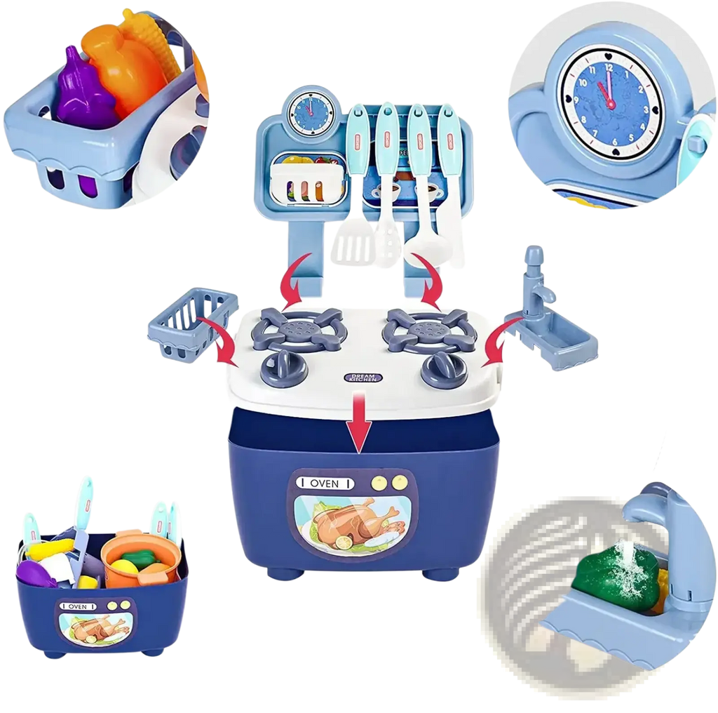 Blue and white plastic kids pretend play kitchen toy set with stovetop, oven, sink, clock, utensils, and storage box