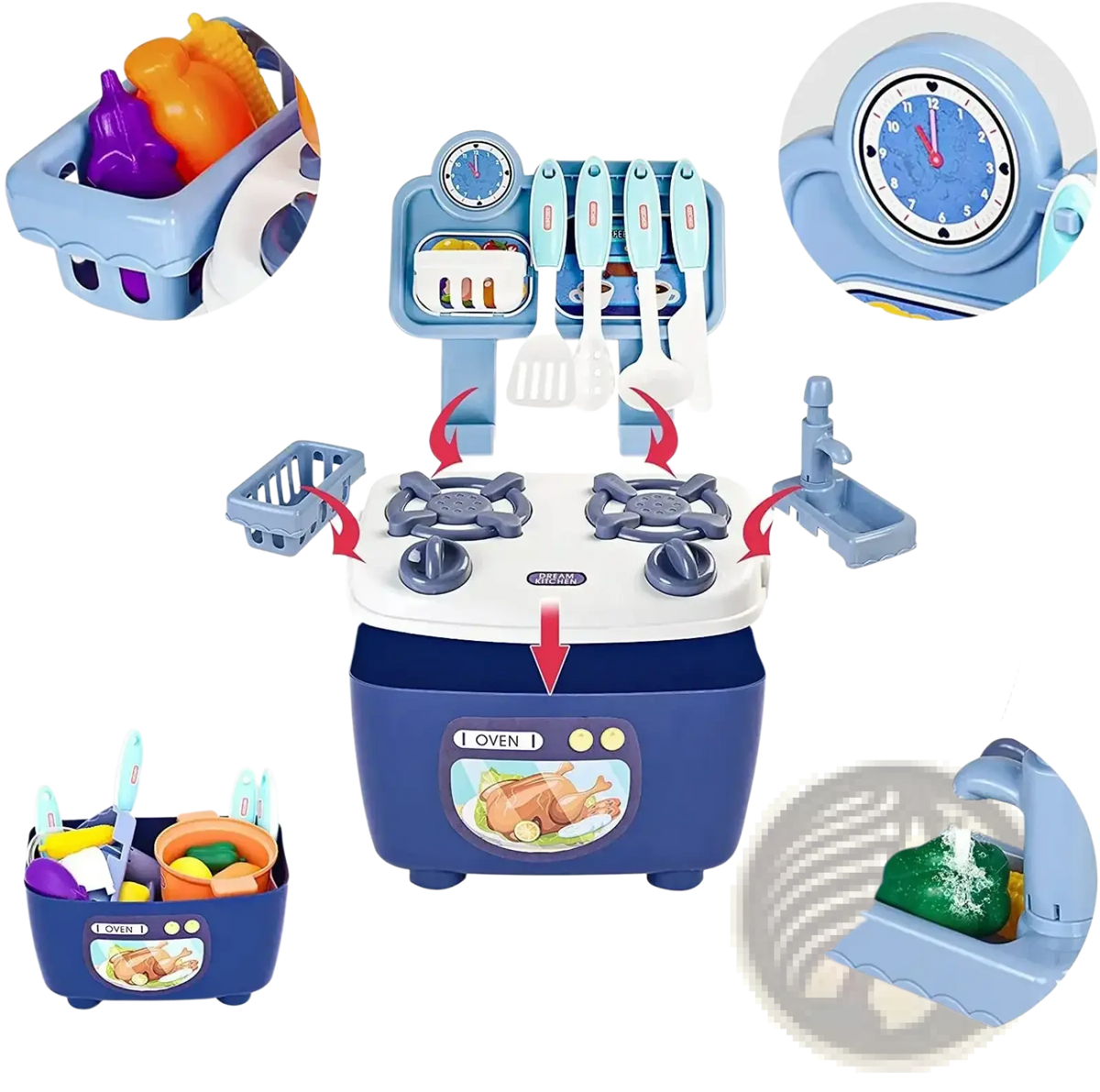 Blue and white plastic kids pretend play kitchen toy set with stovetop, oven, sink, clock, utensils, and storage box