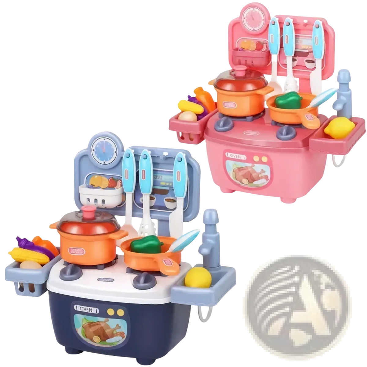 Kids pretend play kitchen toy set in pink and blue plastic with orange pots green peppers and utensils for imaginative cooking