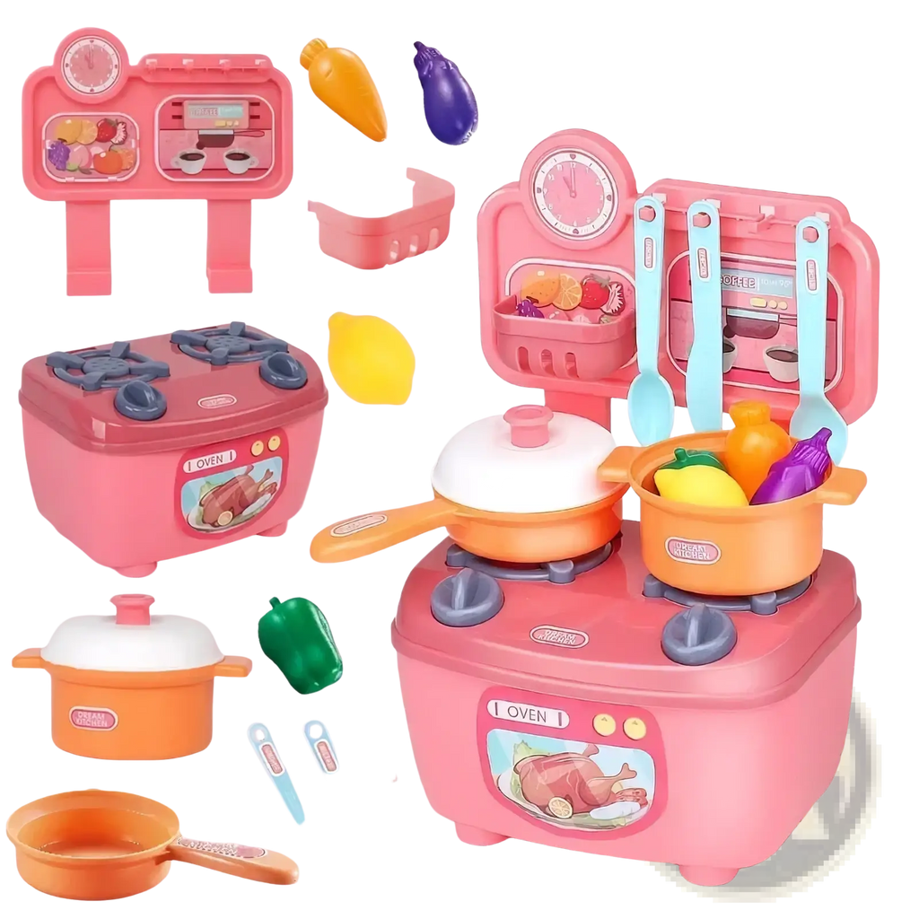 Kids pretend play kitchen toy set with pink plastic base, orange pots, blue utensils, and colorful vegetable accessories