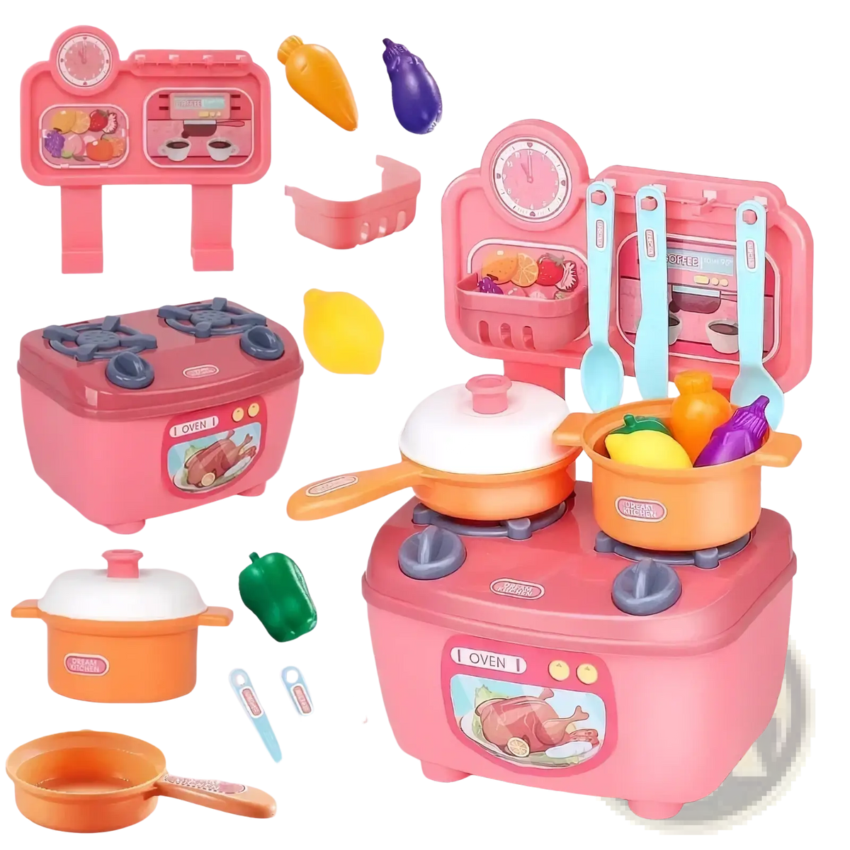 Kids pretend play kitchen toy set with pink plastic base, orange pots, blue utensils, and colorful vegetable accessories