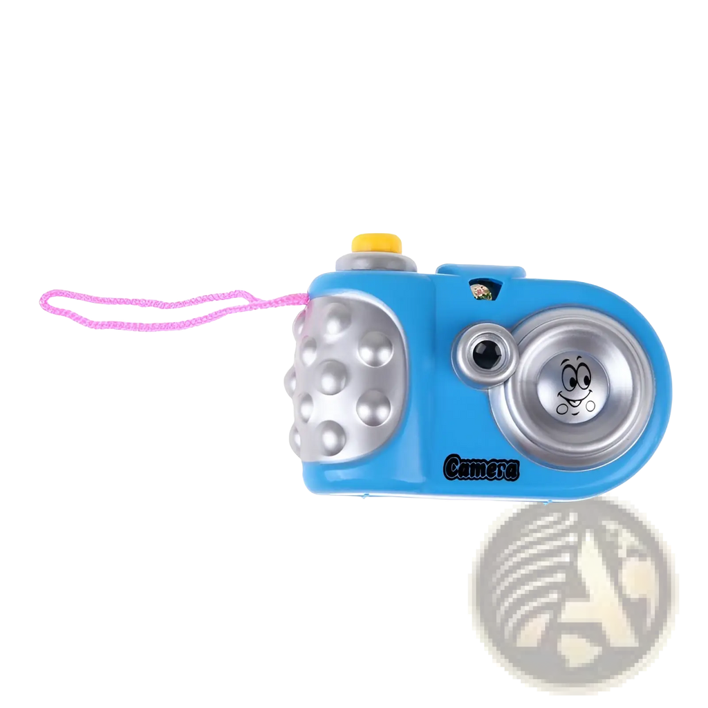 Blue plastic kids projection camera with silver accents smiling face lens and pink wrist strap educational toy