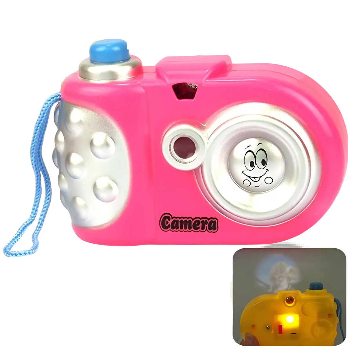 Kids projection camera animal educational toy pink plastic with silver textured sides smiling lens and blue strap