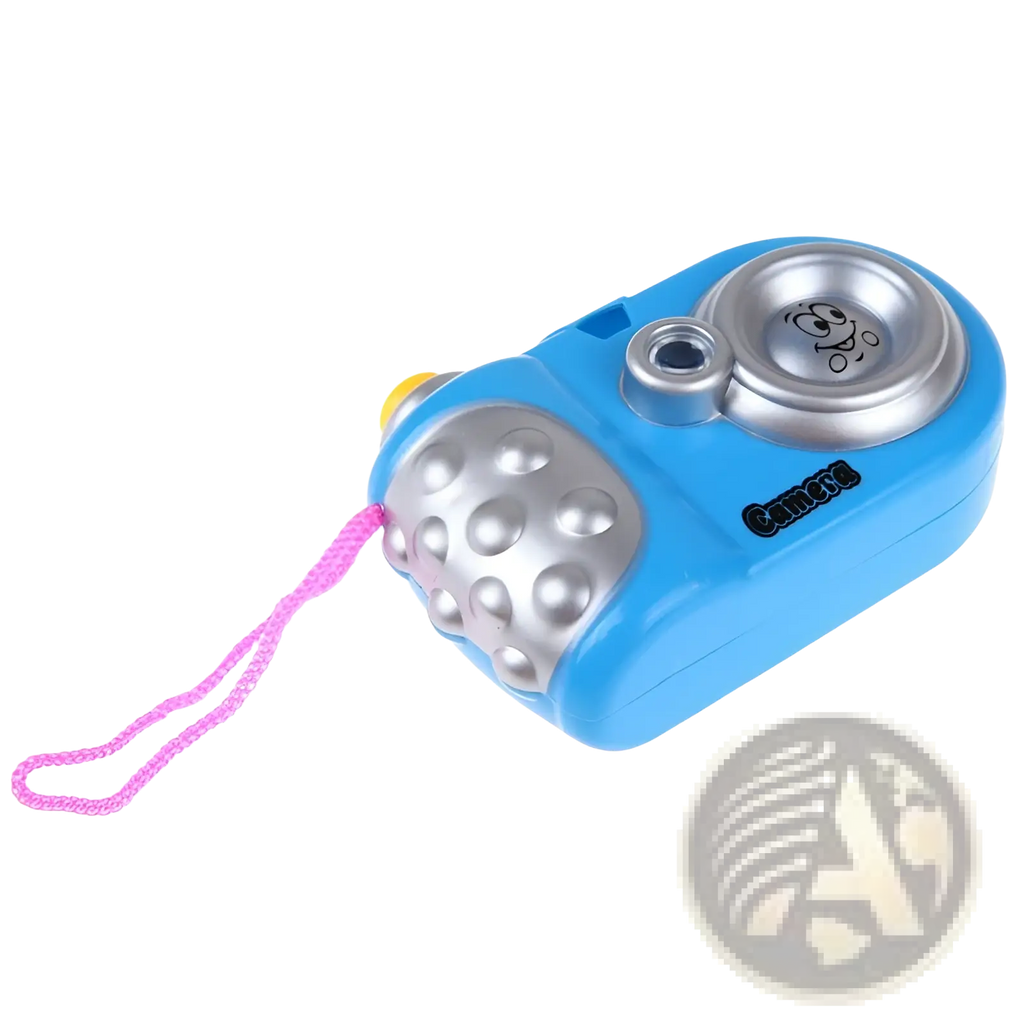 Blue plastic kids projection camera with silver accents and pink wrist strap for animal educational play