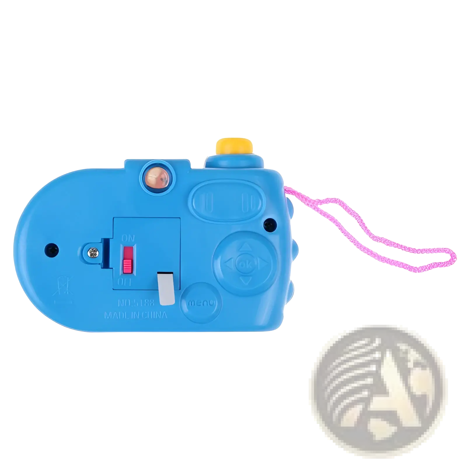 Blue plastic kids projection camera with yellow top and pink strap designed for animal educational play