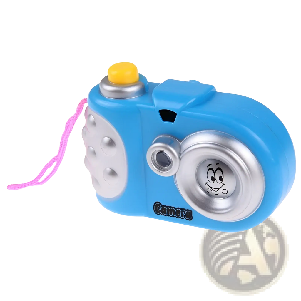 Blue plastic kids projection camera educational toy with silver accents yellow shutter button and smiling face lens