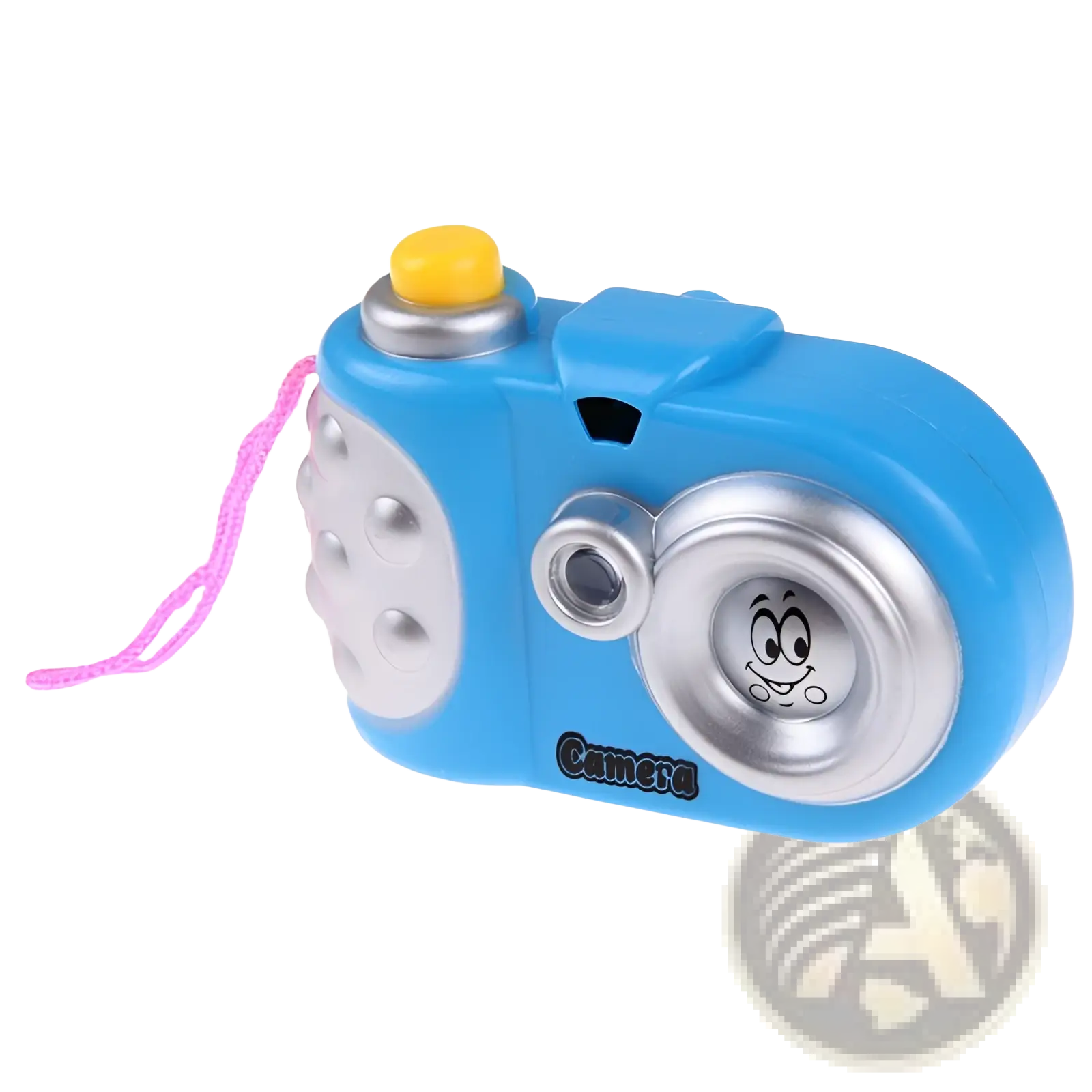 Blue plastic kids projection camera educational toy with silver accents yellow shutter button and smiling face lens