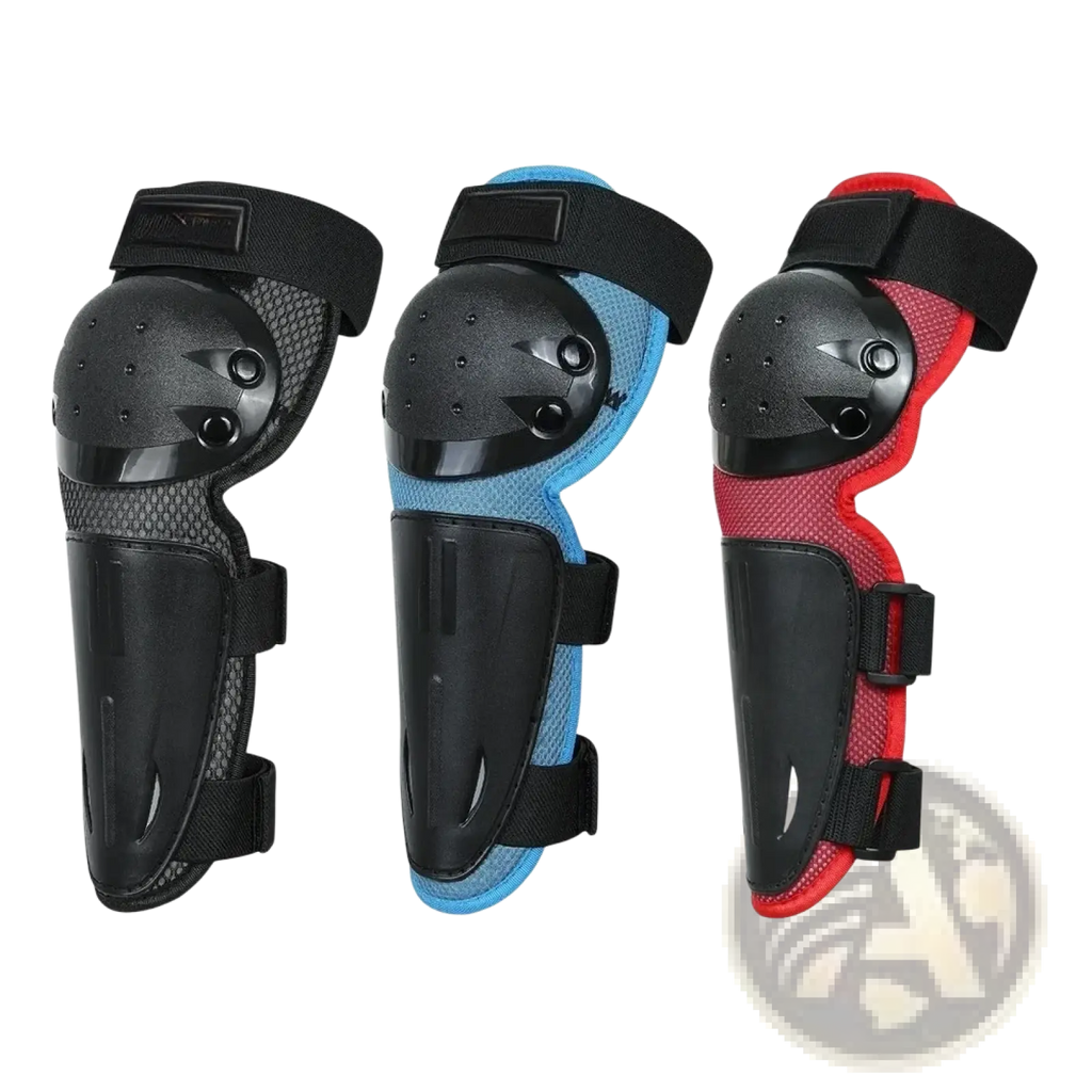 Kids protective gear set knee pads in black blue and red with mesh panels and adjustable straps for cycling and skating