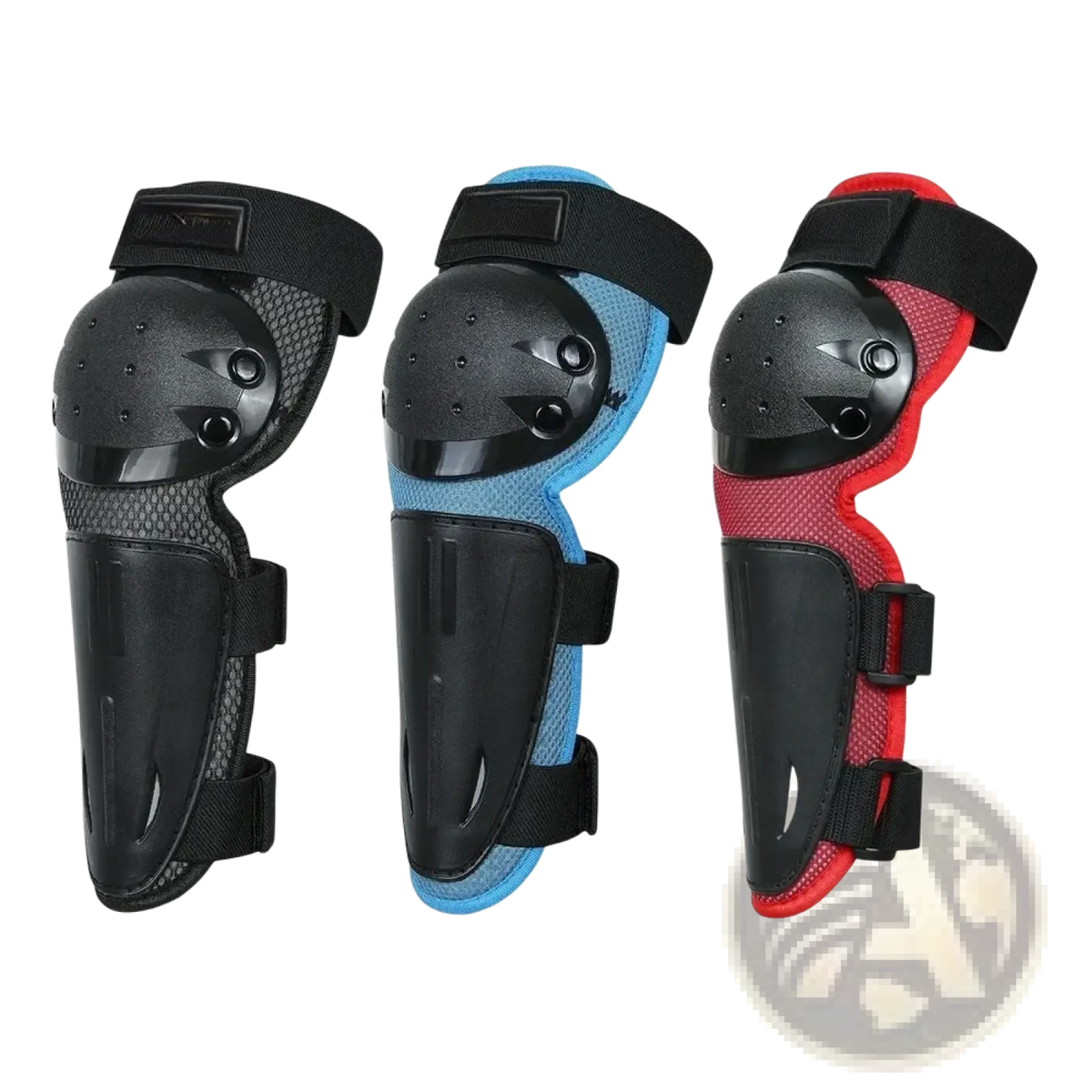 Kids protective gear set knee pads in black blue and red with mesh panels and adjustable straps for cycling and skating
