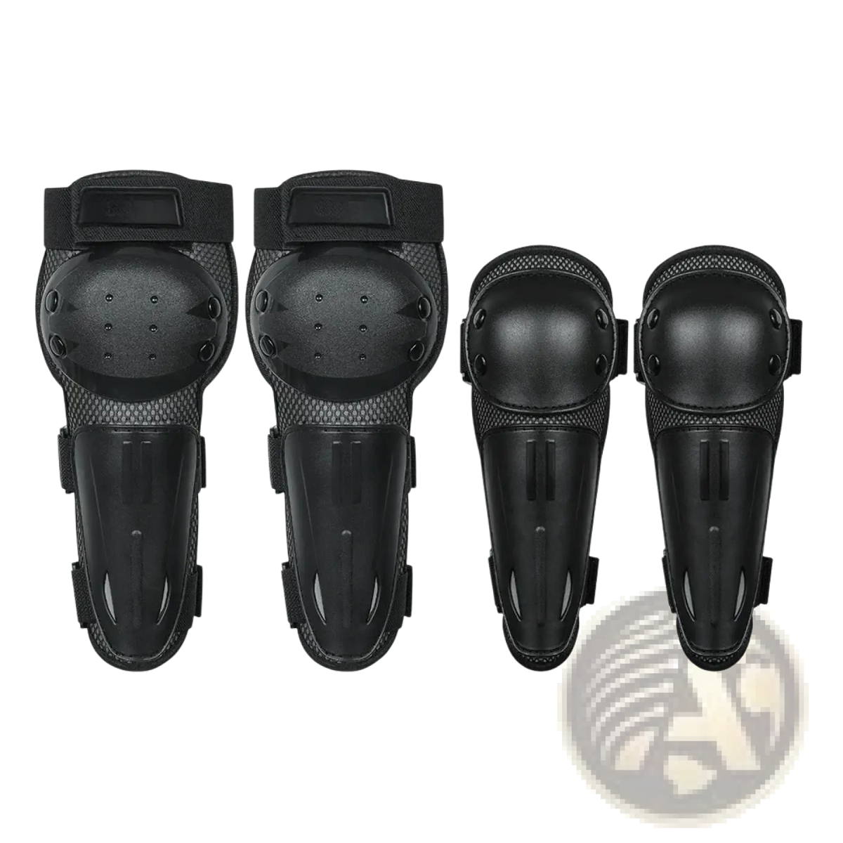 Kids protective gear set featuring black knee and elbow pads with hard plastic shell mesh lining and adjustable straps for cycling and skating