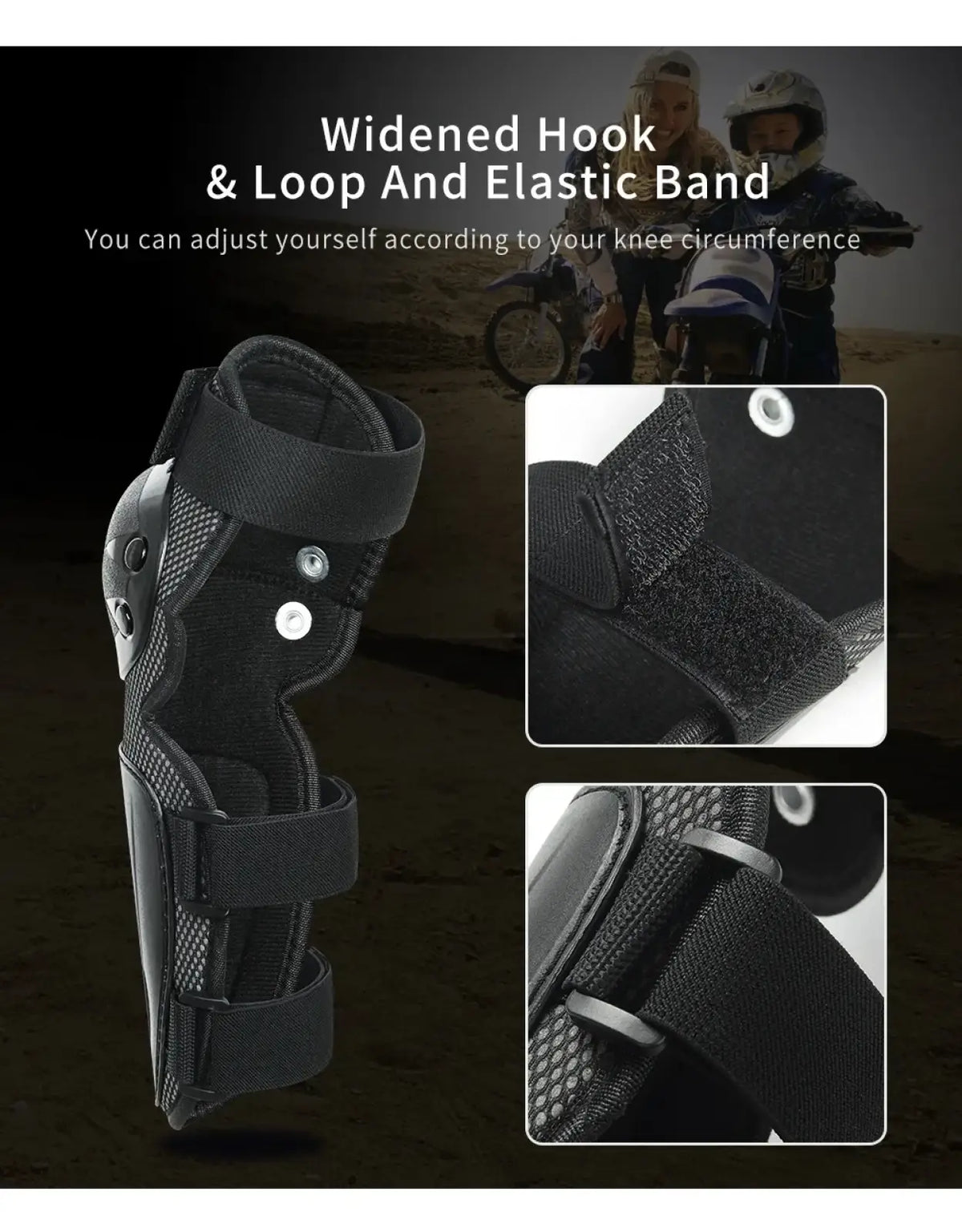 Black kids knee pad with adjustable straps and mesh ventilation panels for cycling and skating protection