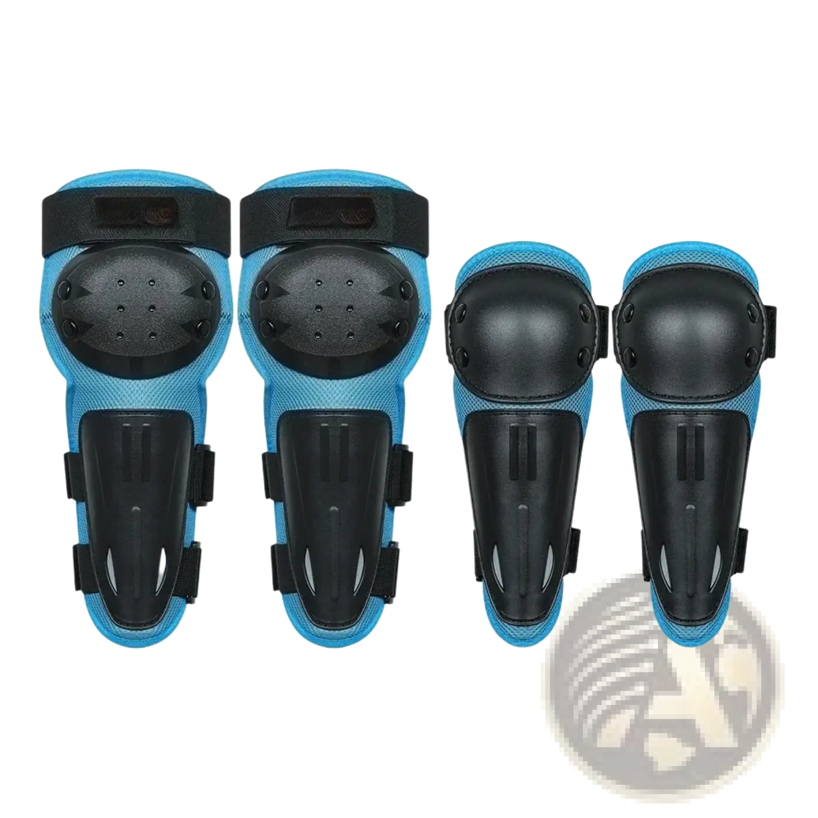 Kids protective gear set for cycling and skating featuring blue and black knee and elbow pads with mesh fabric and hard shells
