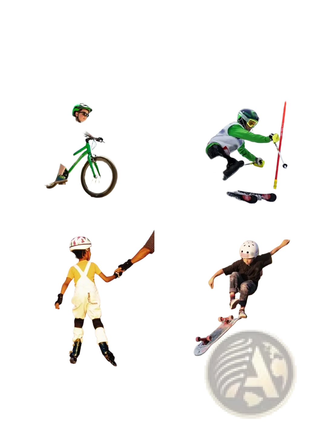 Kids protective gear set for cycling and skating with a green mountain bike featuring black handlebars and pedals