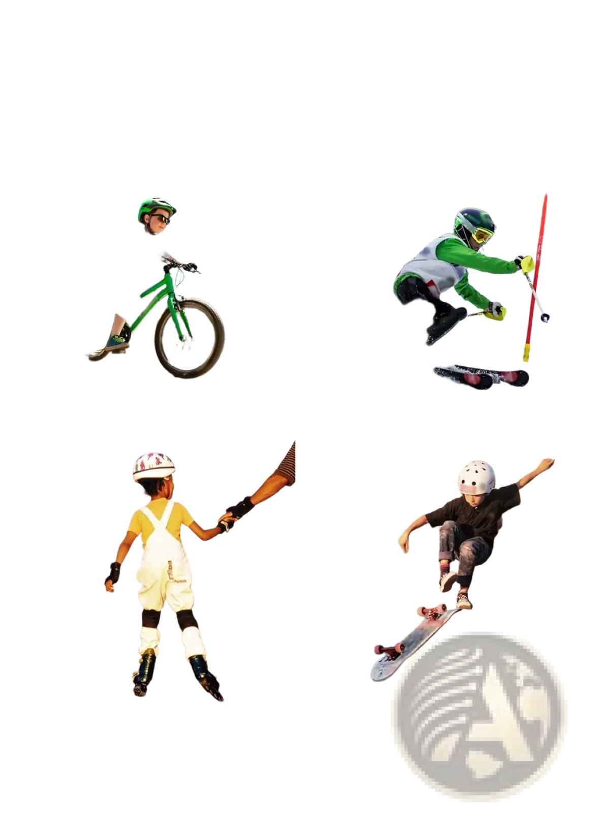 Kids protective gear set for cycling and skating with a green mountain bike featuring black handlebars and pedals