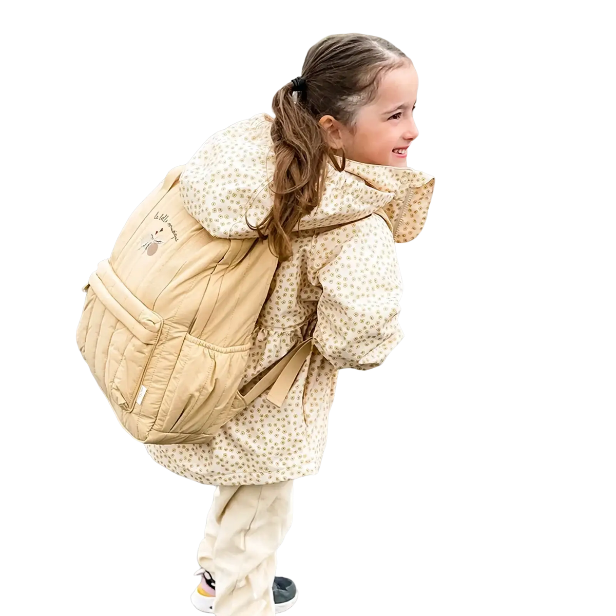 Beige kids quilted waterproof school backpack with subtle floral pattern and small embroidered logo on front