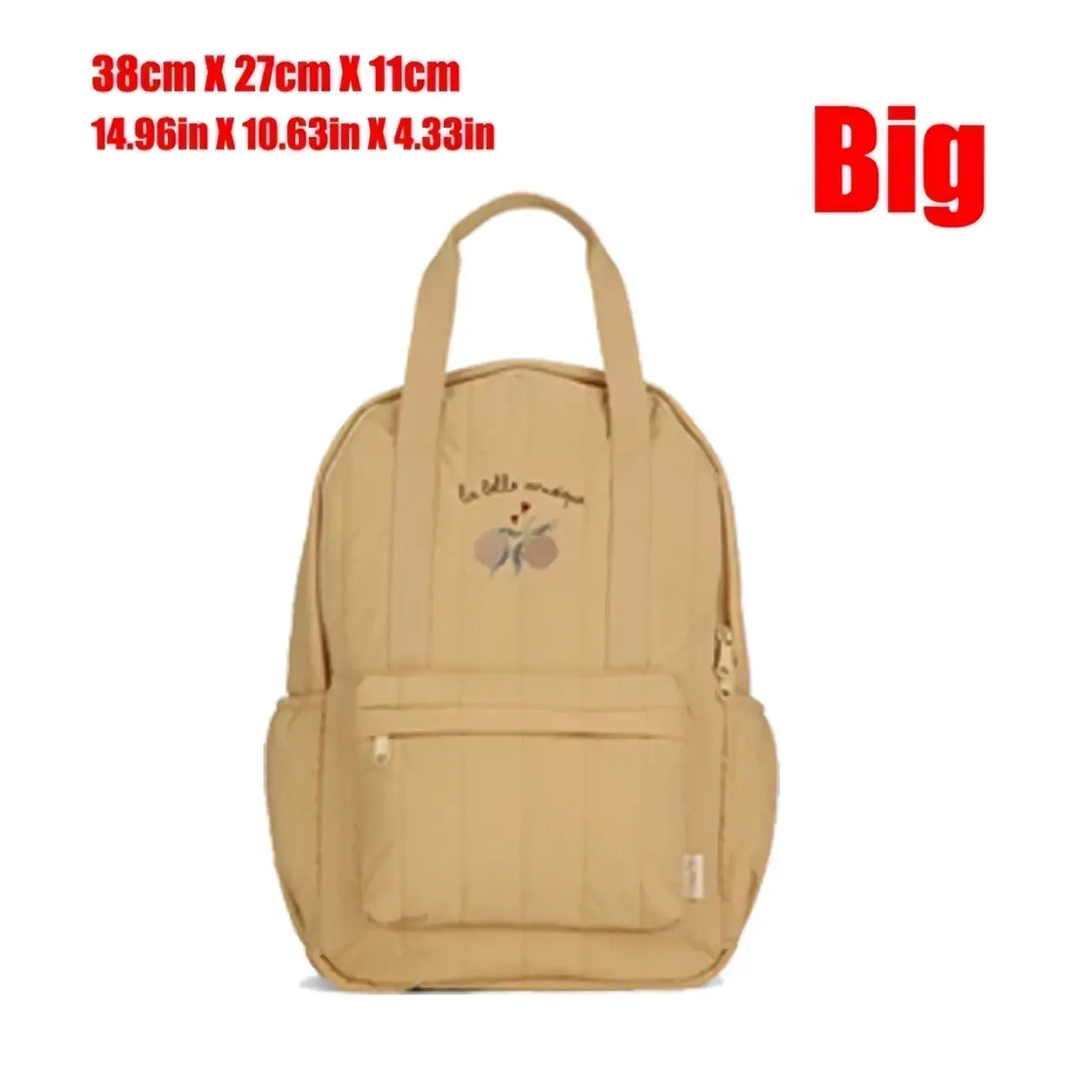 Beige kids quilted backpack with embroidered floral design and front zippered pocket for school use