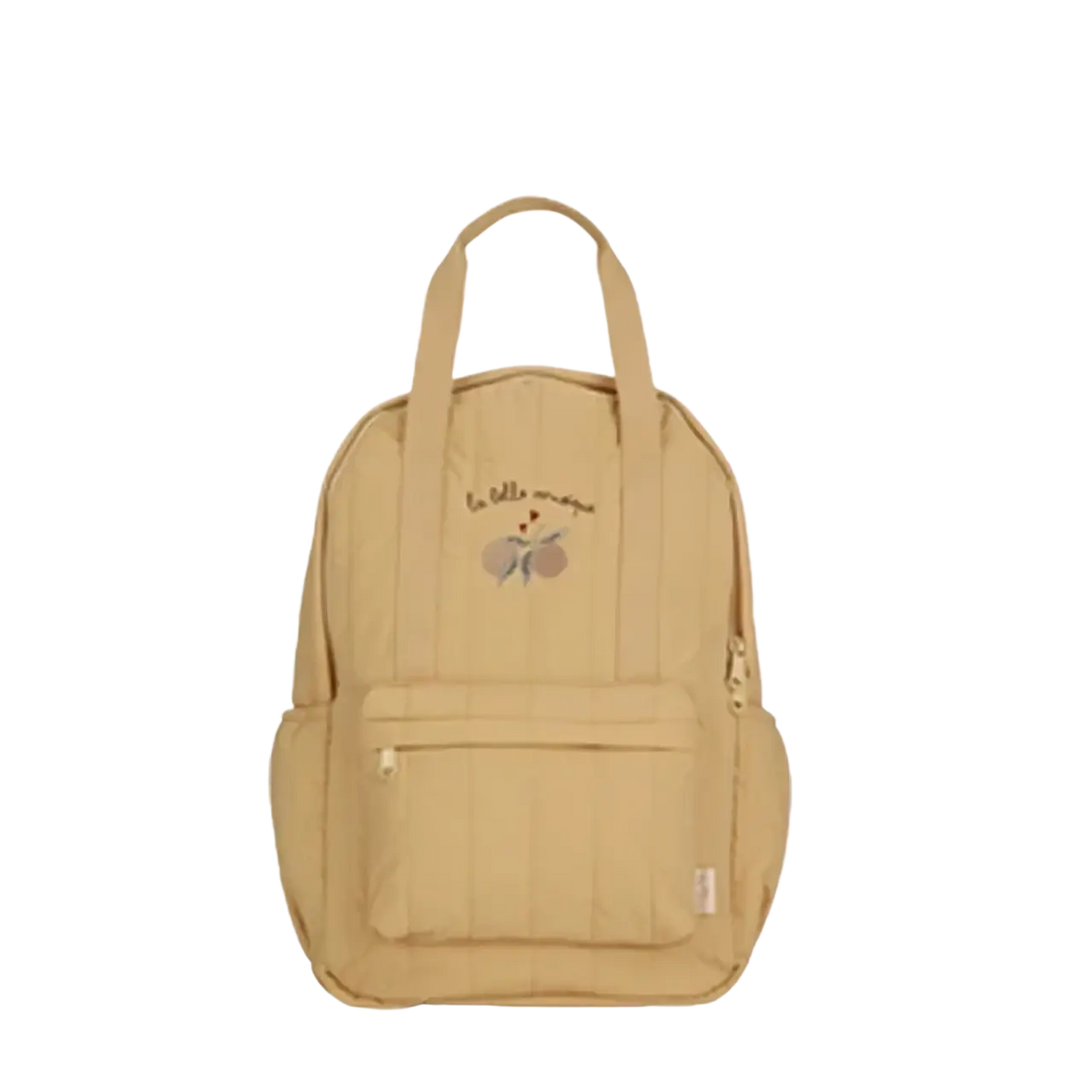 Beige kids quilted waterproof backpack with embroidered cherry design and front zippered pocket for school use