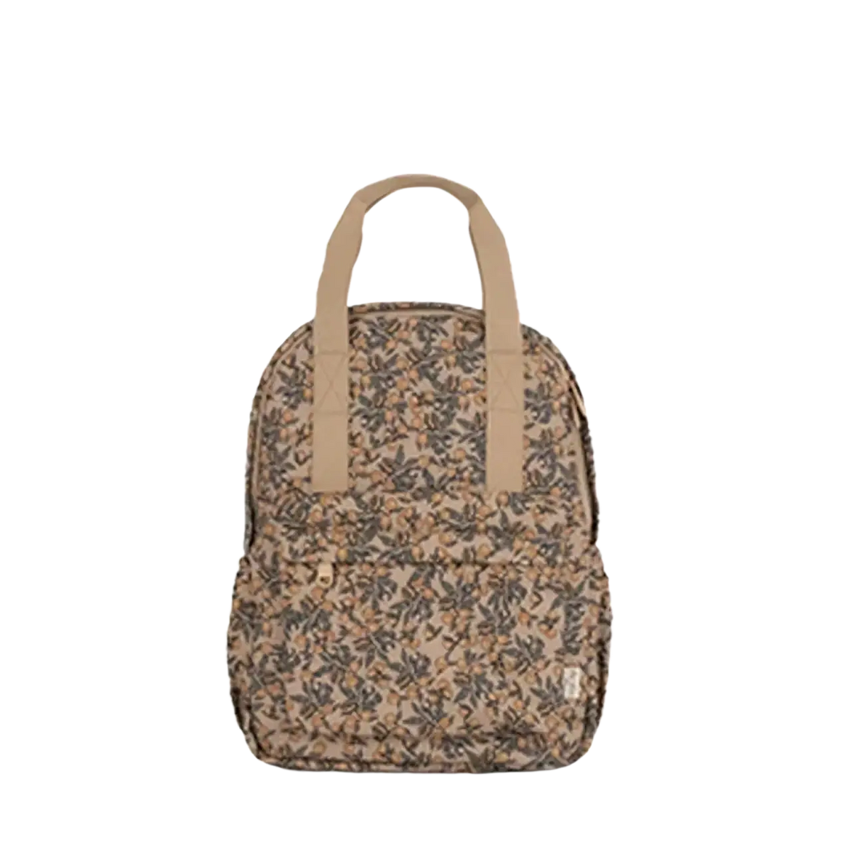 Beige floral-patterned kids quilted embroidered backpack with tan fabric handles waterproof for school use