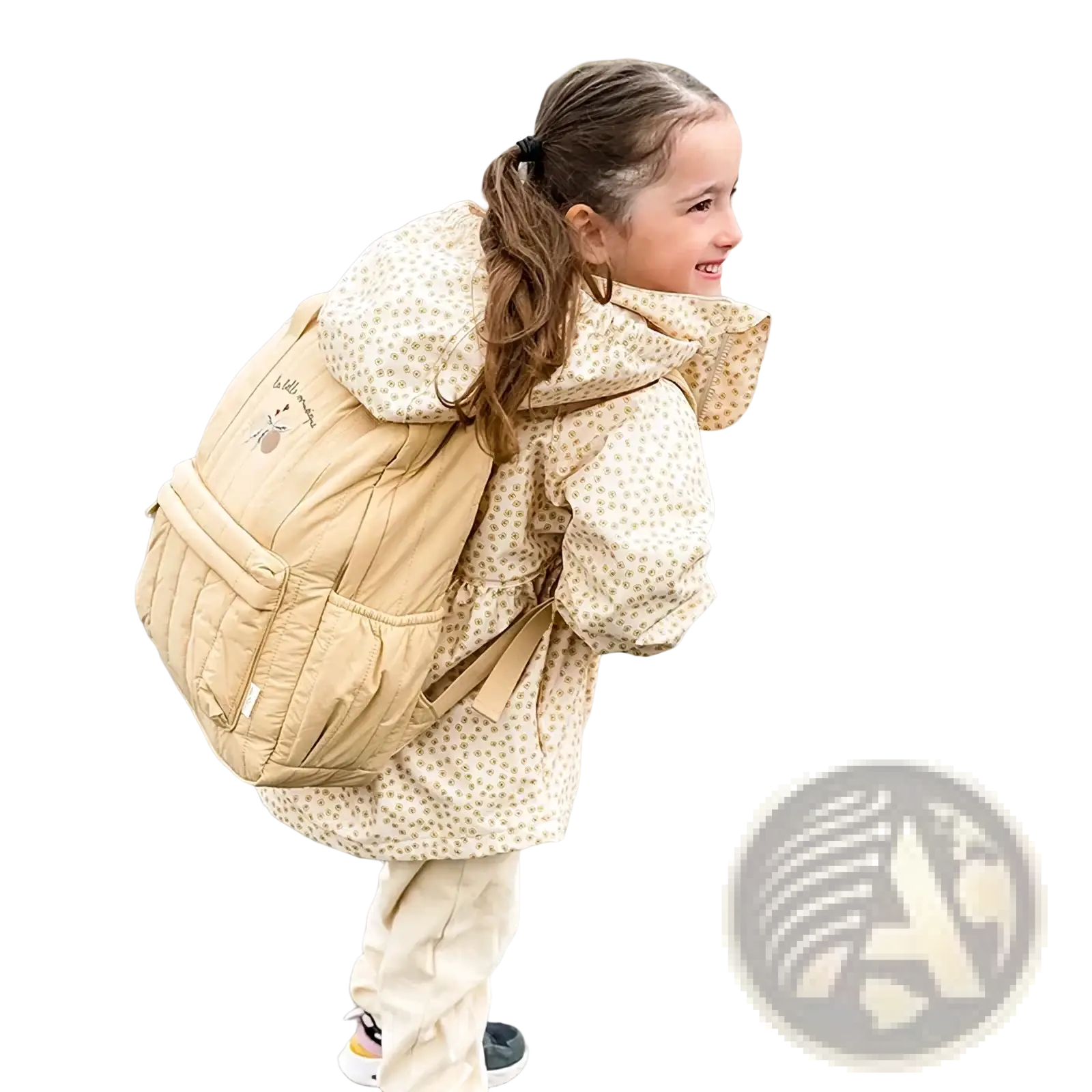 Beige kids quilted waterproof school backpack with subtle floral pattern and small embroidered logo on front