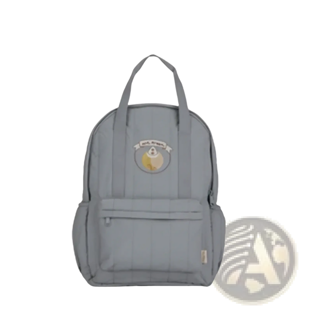 Gray quilted waterproof kids backpack with circular embroidered animal patch ideal for school use