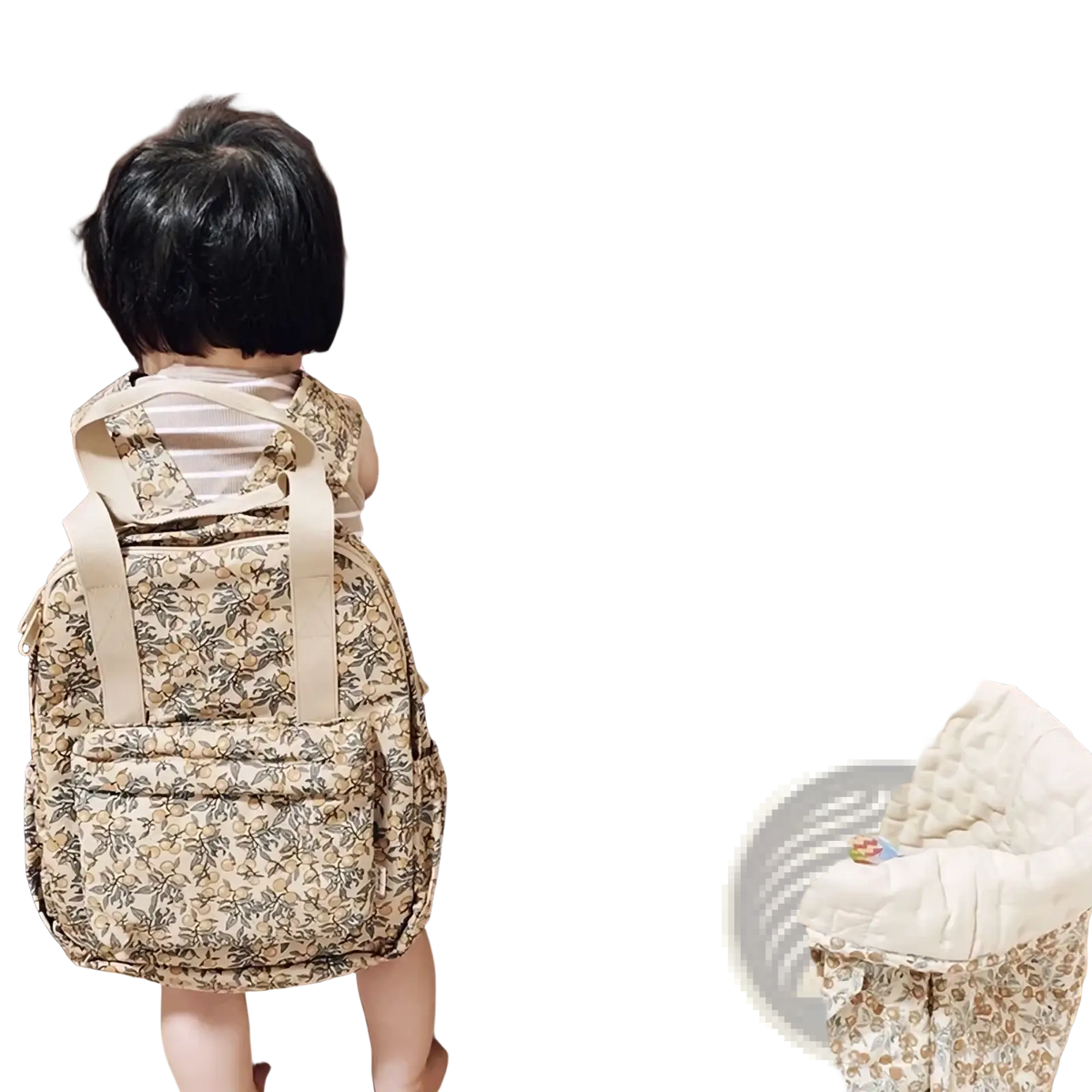 A child wearing a beige floral patterned kids quilted embroidered waterproof backpack with matching straps