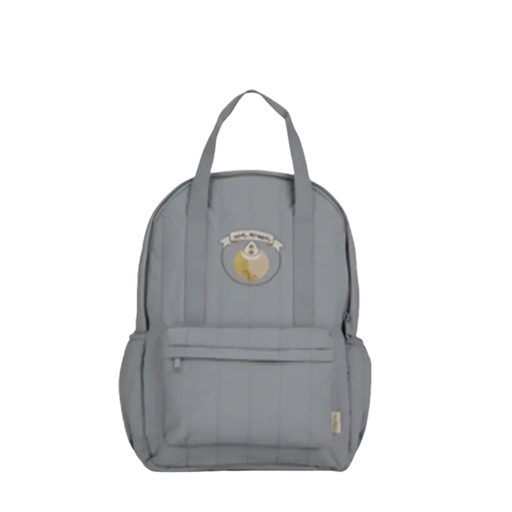 Gray quilted waterproof kids backpack with circular embroidered animal patch ideal for school use
