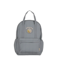 Gray quilted waterproof kids backpack with circular embroidered animal patch ideal for school use