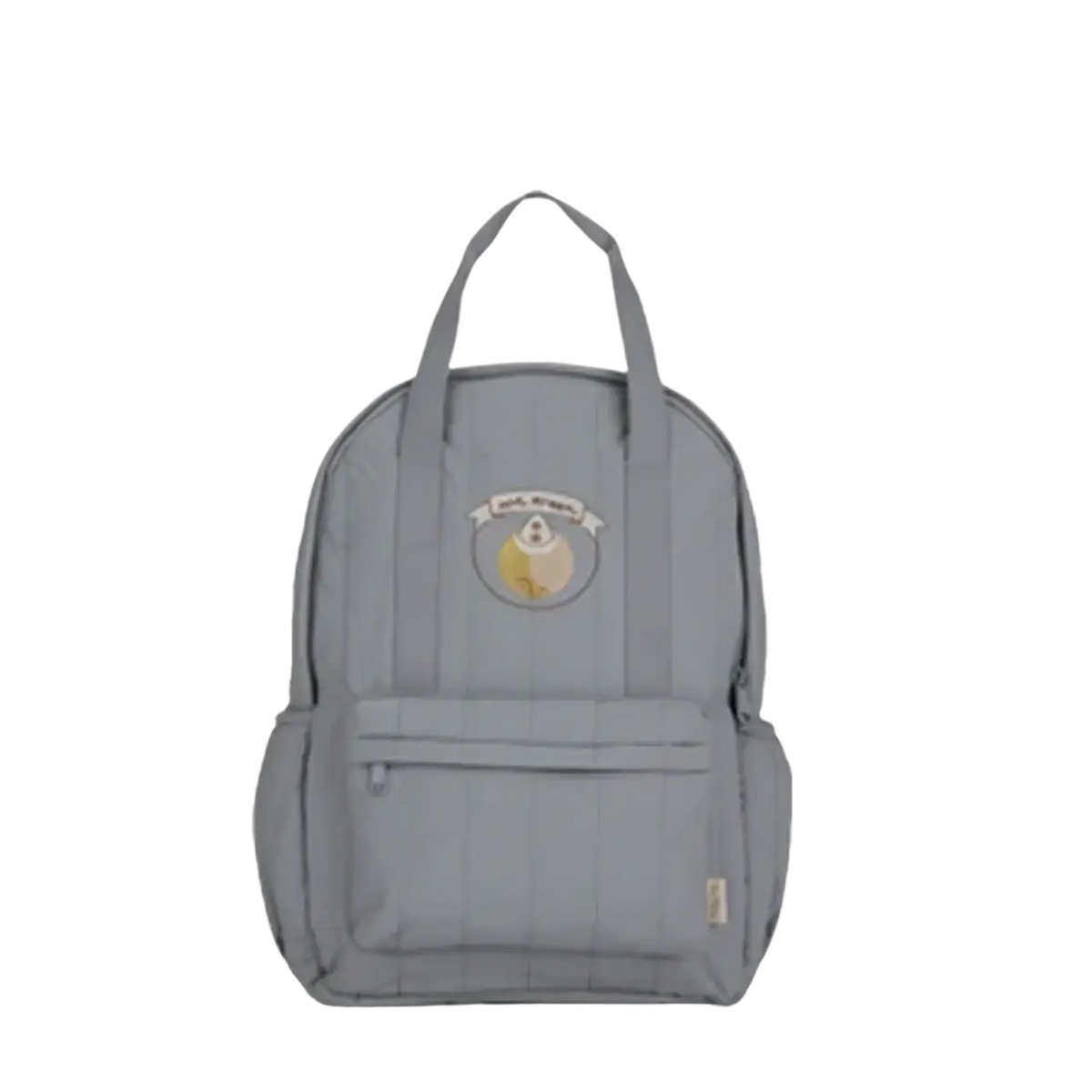 Gray quilted waterproof kids backpack with circular embroidered animal patch ideal for school use