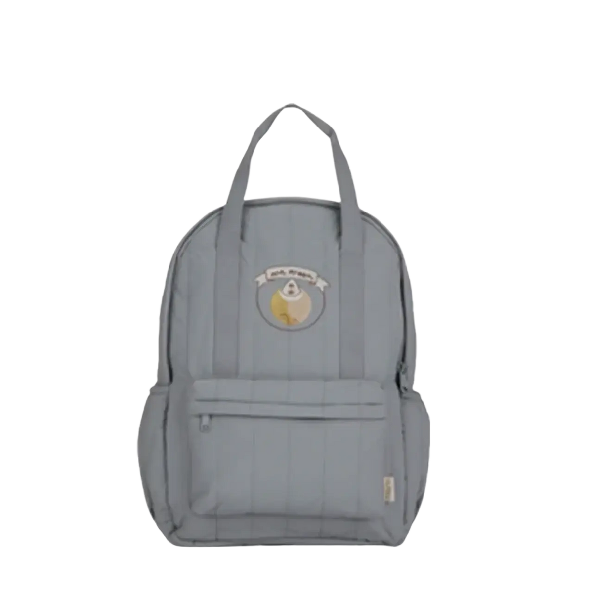 Gray quilted embroidered baby backpack with soft padded design perfect for kids waterproof school bag use