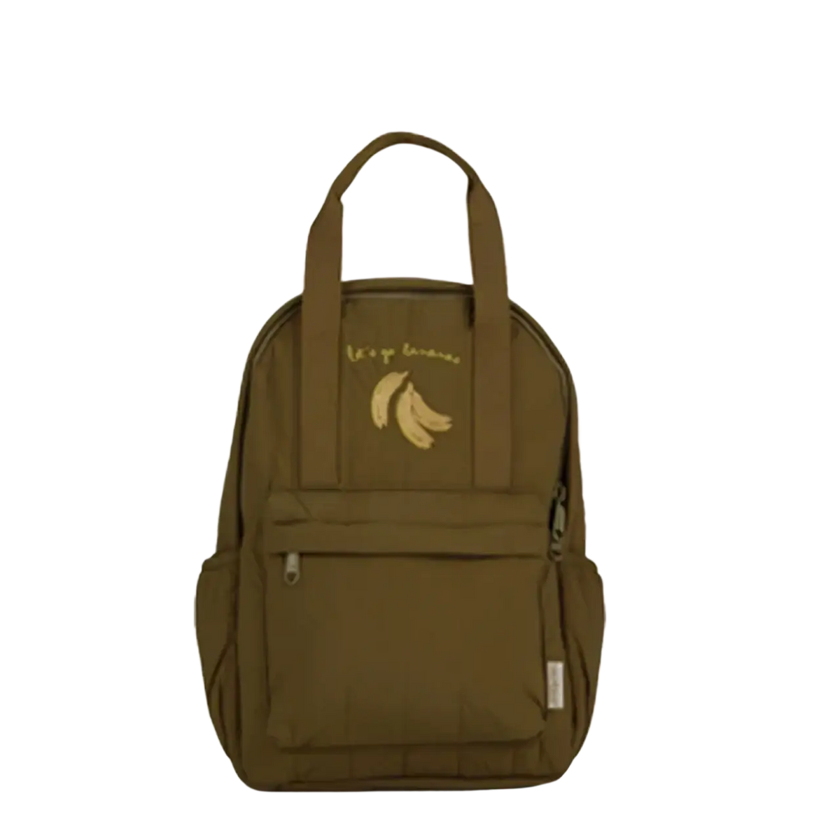 Kids quilted embroidered olive green canvas backpack with gold banana design and life of banana text waterproof school bag