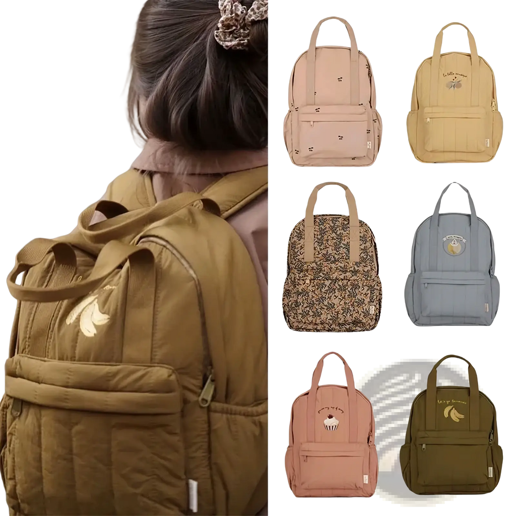 Olive green quilted waterproof kids backpack with gold banana embroidery for school use showing front side