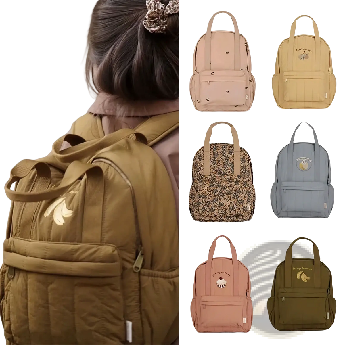 Olive green quilted waterproof kids backpack with gold banana embroidery for school use showing front side