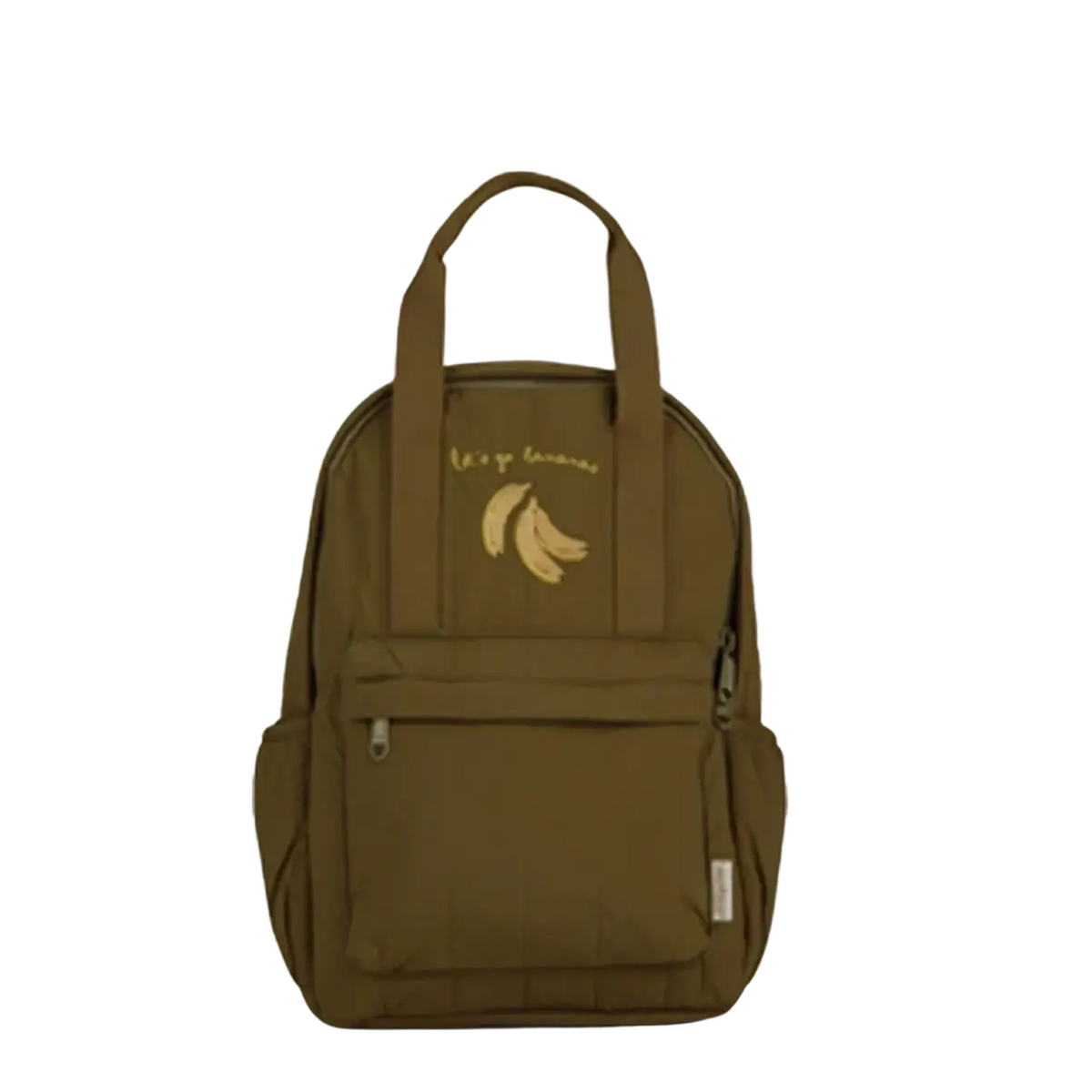 Kids quilted embroidered waterproof olive green canvas backpack with yellow banana and keep bananas embroidery on front