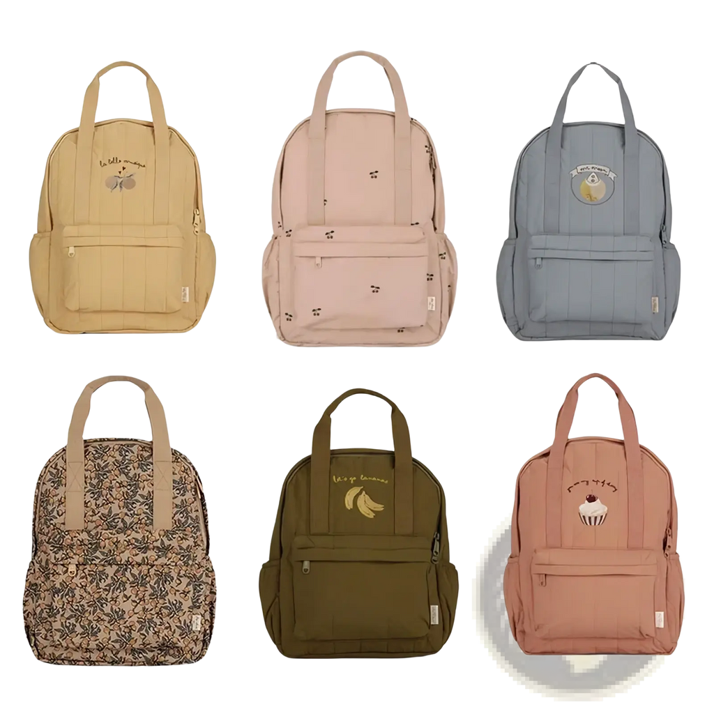 Six pastel and earth-toned kids quilted embroidered backpacks with bee banana cupcake and floral designs waterproof school bags
