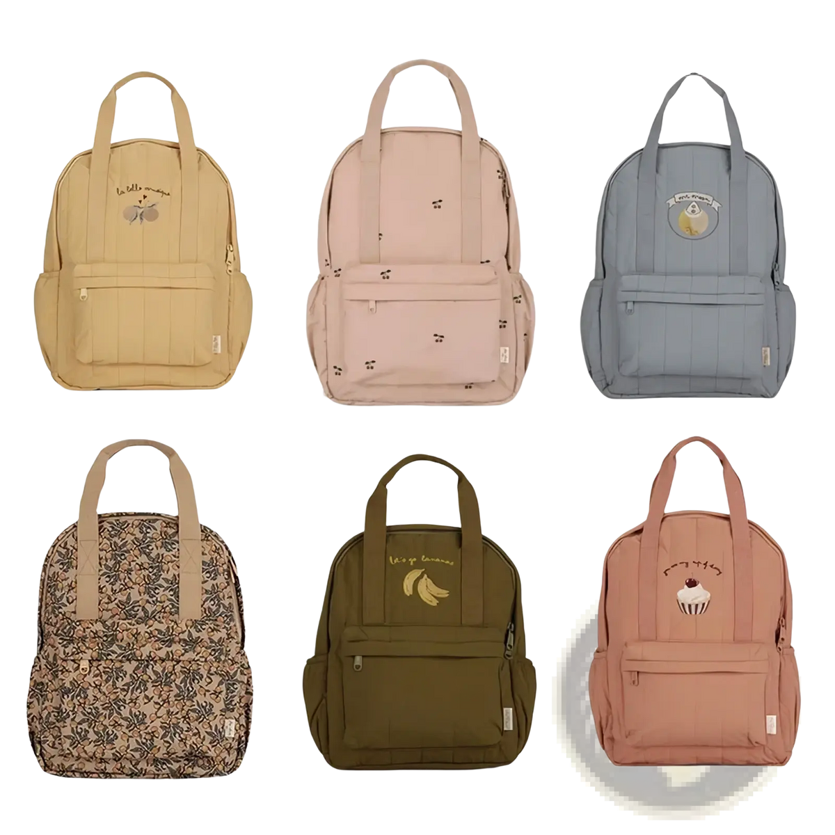 Six pastel and earth-toned kids quilted embroidered backpacks with bee banana cupcake and floral designs waterproof school bags