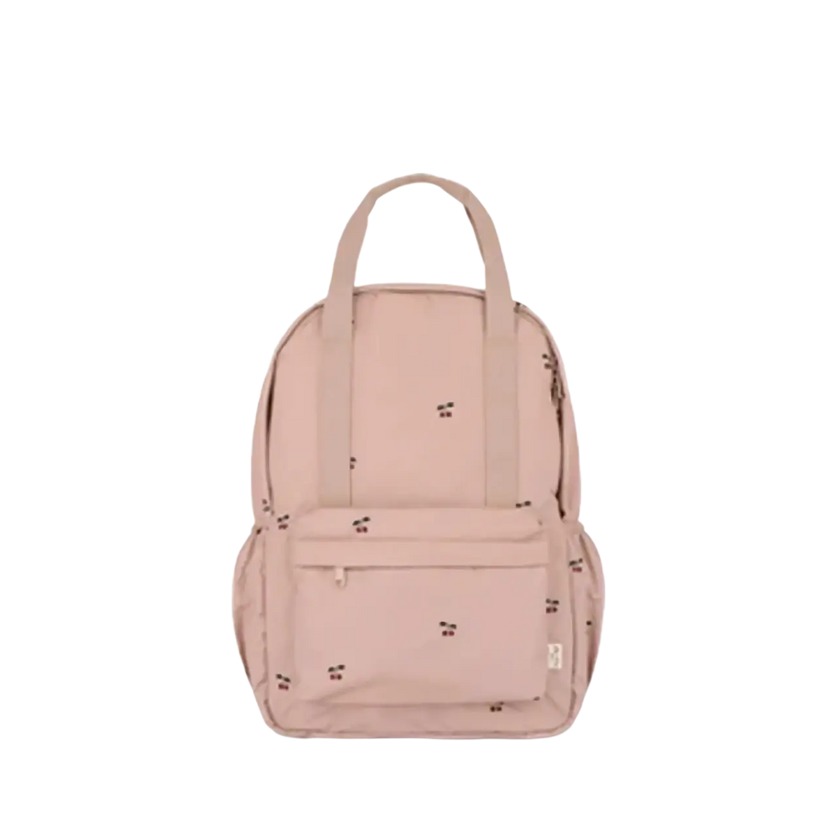 A soft blush pink kids quilted embroidered backpack with small black dots waterproof for school use