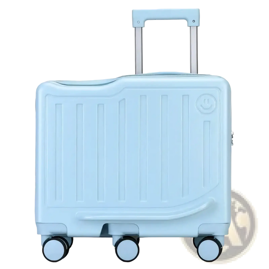 Kids ride on luggage yellow carry on suitcase with light blue hard shell, subtle smiley face emblem, and silver handle