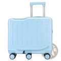Kids ride on luggage yellow carry on suitcase with light blue hard shell, subtle smiley face emblem, and silver handle