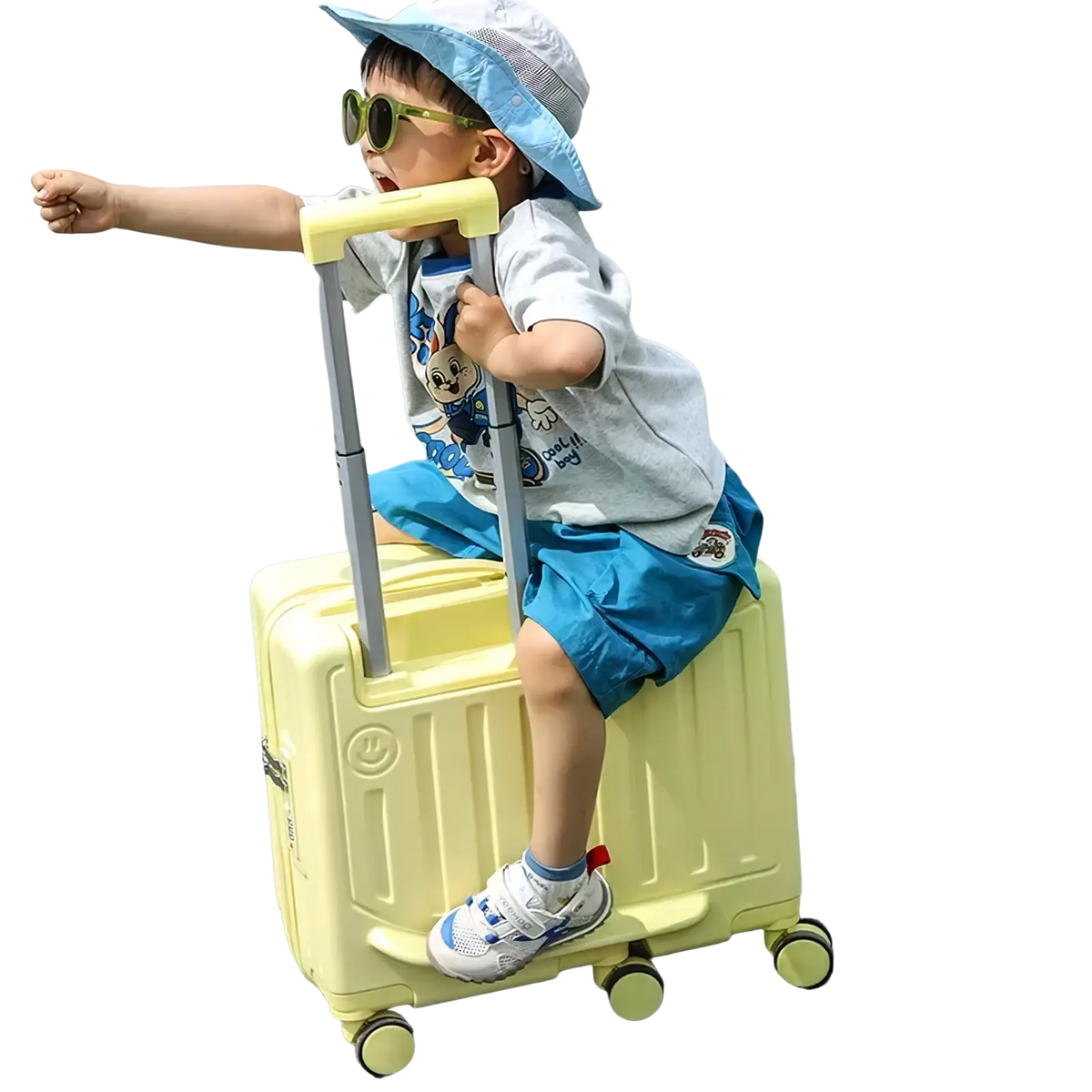 A bright yellow hard-shell kids ride on luggage carry on suitcase with retractable handle and four wheels