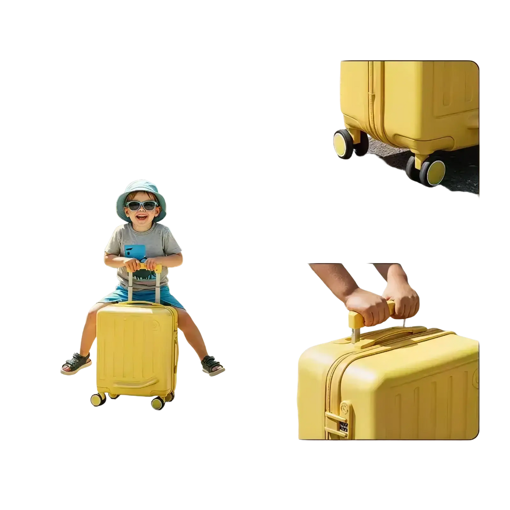 Kids ride on luggage yellow carry on suitcase with bright yellow hard shell, four wheels, and retractable handle