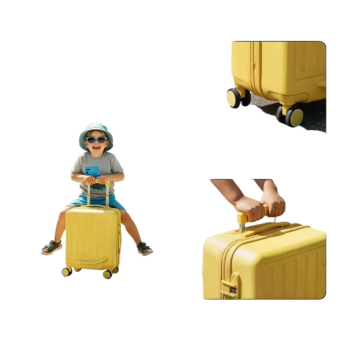 Kids ride on luggage yellow carry on suitcase with bright yellow hard shell, four wheels, and retractable handle