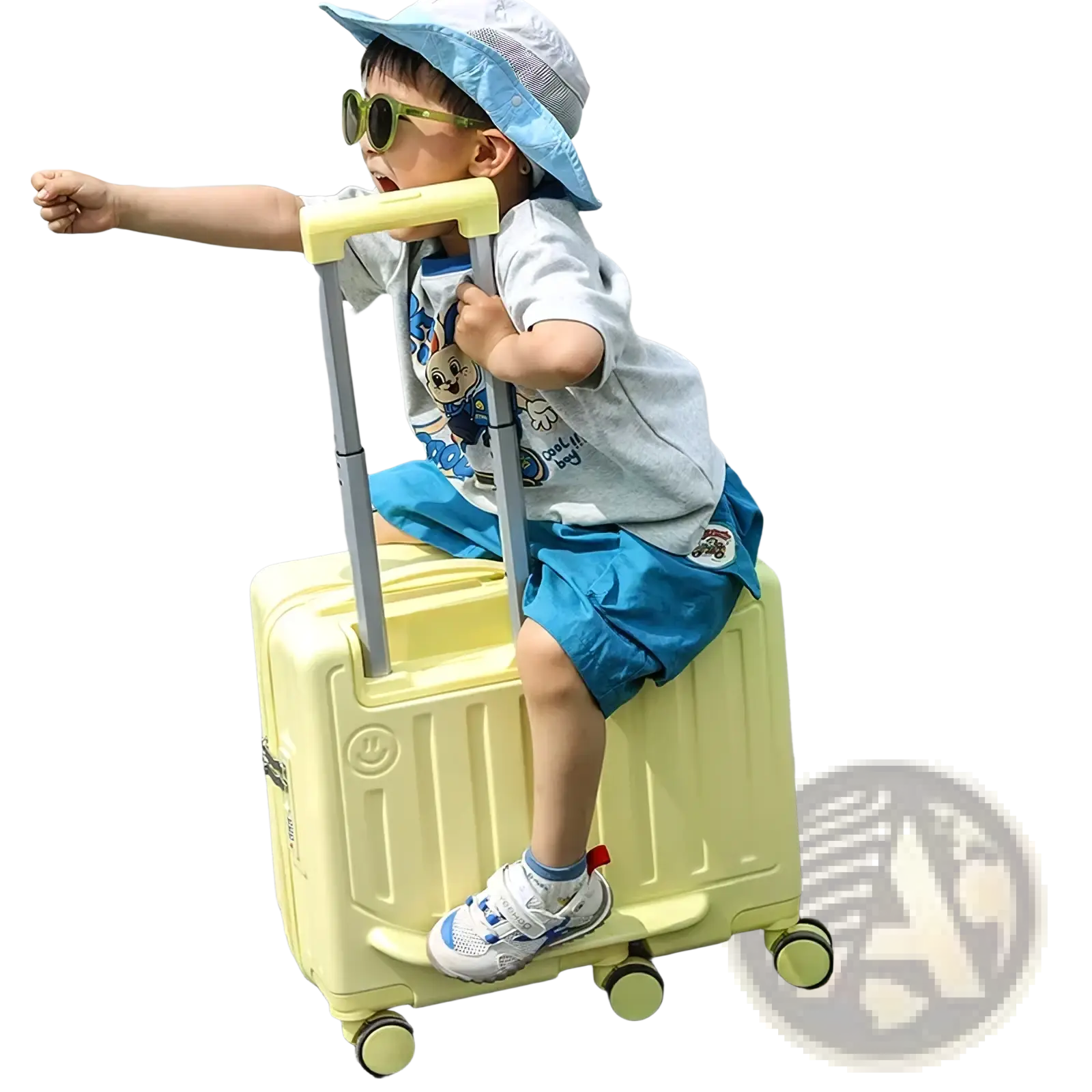 A bright yellow hard-shell kids ride on luggage carry on suitcase with retractable handle and four wheels