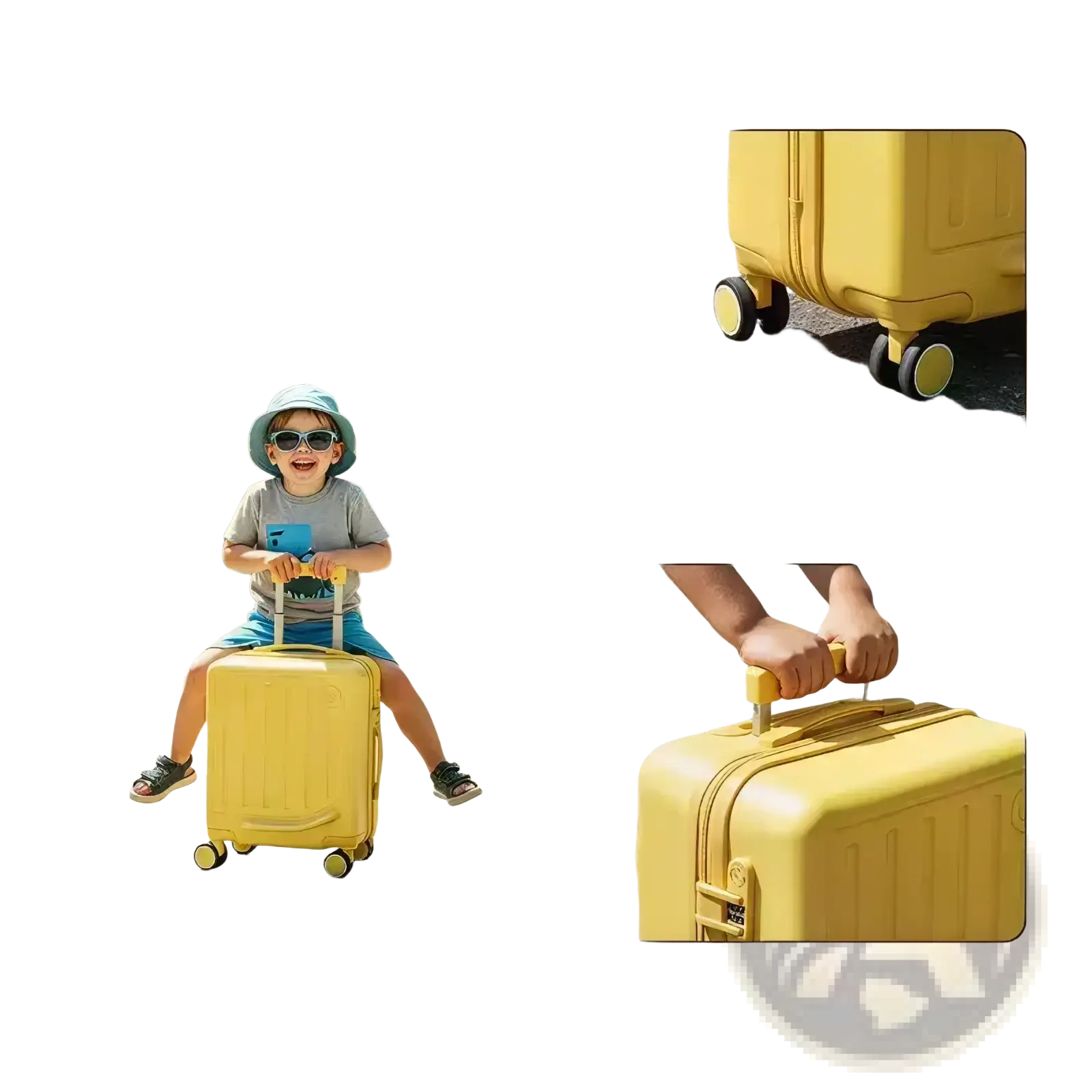 Kids ride on luggage yellow carry on suitcase with bright yellow hard shell, four wheels, and retractable handle