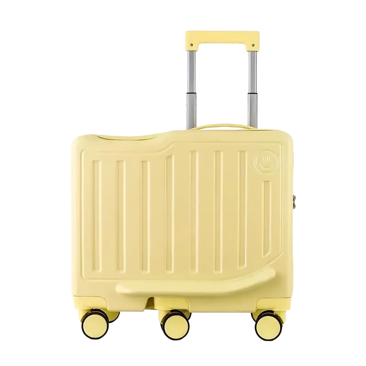 Kids ride on luggage yellow carry on suitcase with butter yellow hard-shell and vertical ribbed texture with matching wheels