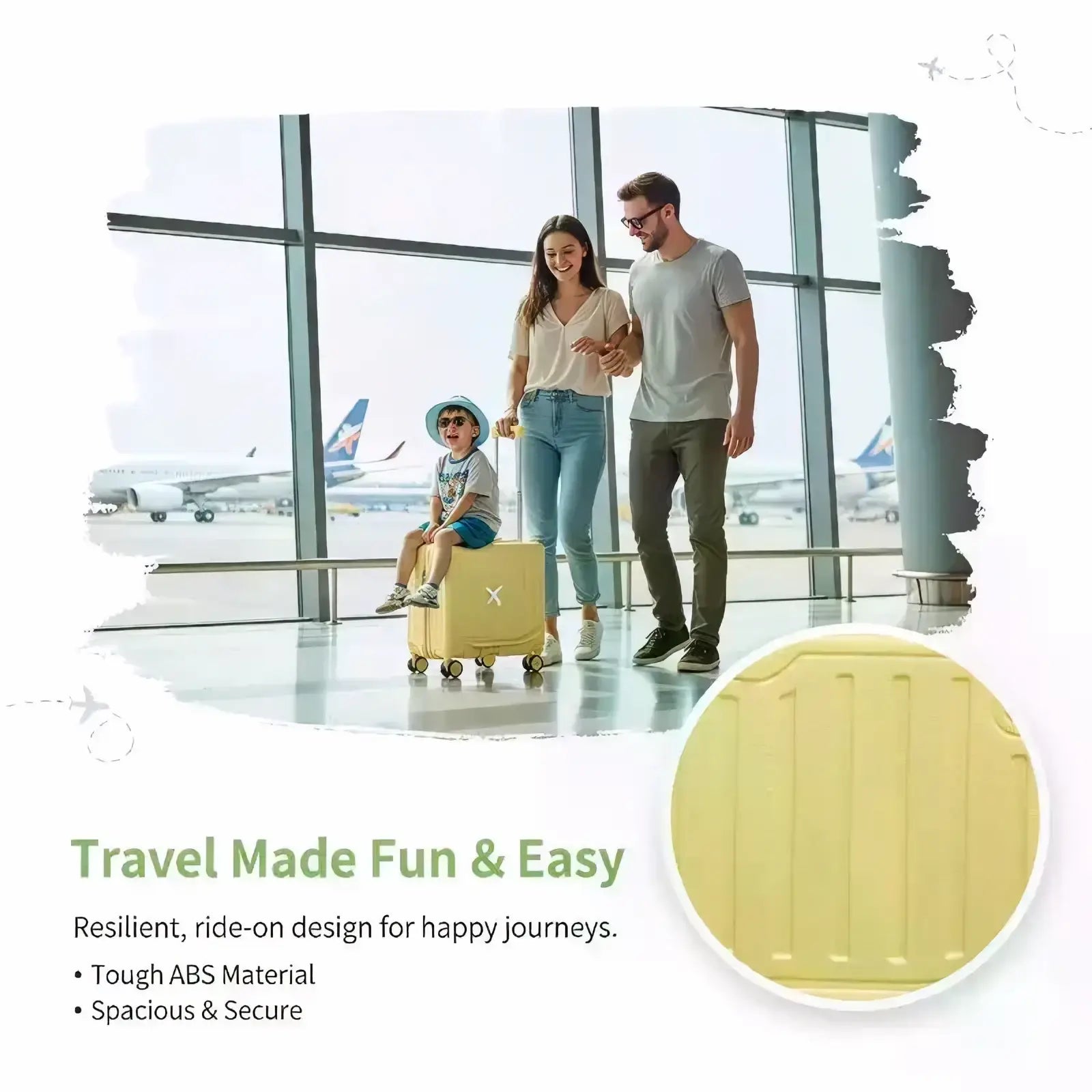 Yellow kids ride on luggage carry on suitcase with textured surface and four wheels for easy travel