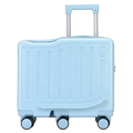 Kids ride on luggage yellow carry on suitcase with light blue hard shell, subtle smiley face emblem, and silver handle