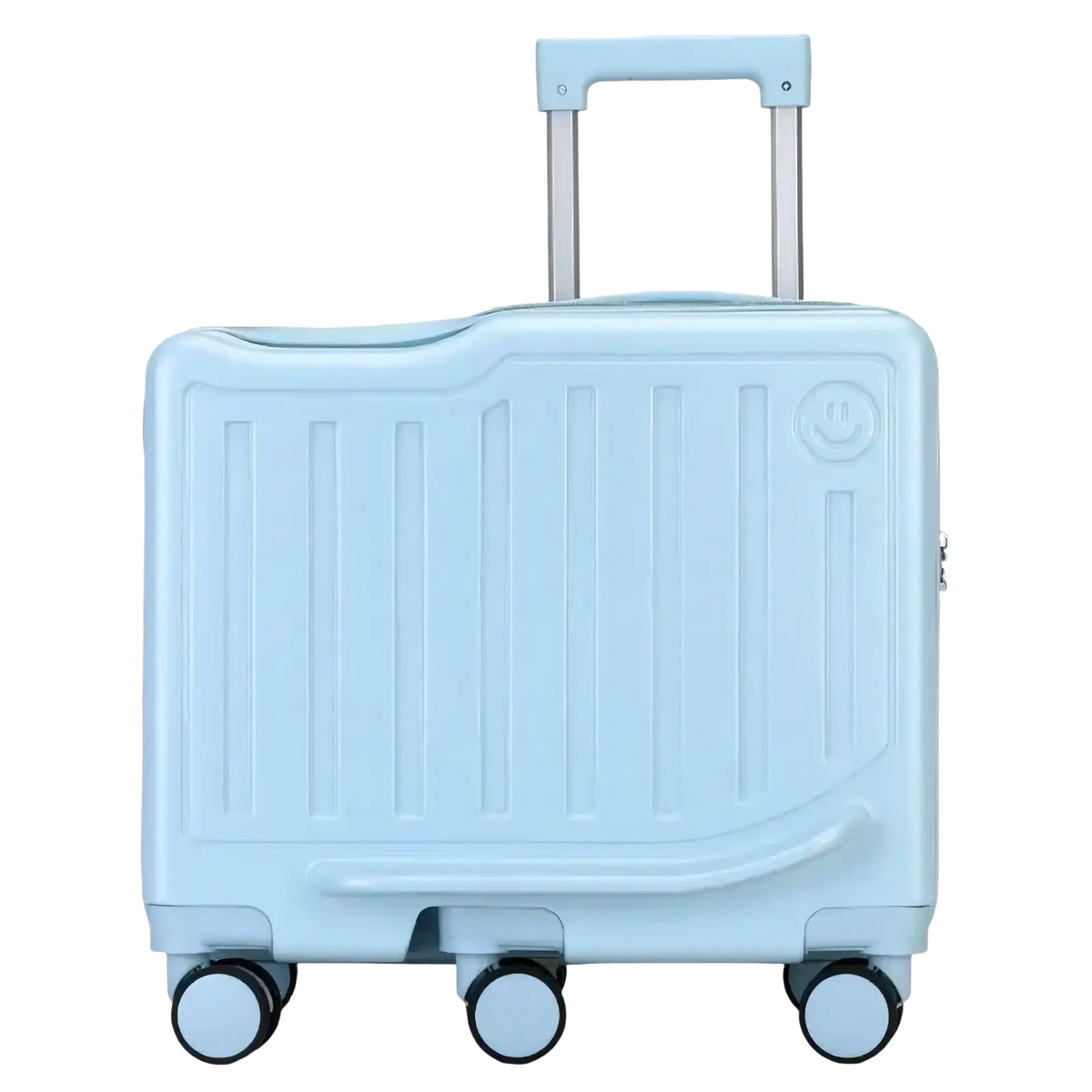 Kids ride on luggage yellow carry on suitcase with light blue hard shell, subtle smiley face emblem, and silver handle