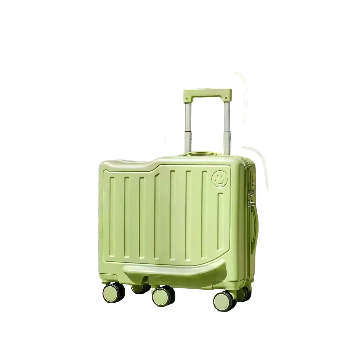 Light green hard-shell kids ride on luggage with smiling face emblem and four spinner wheels for easy carry on use