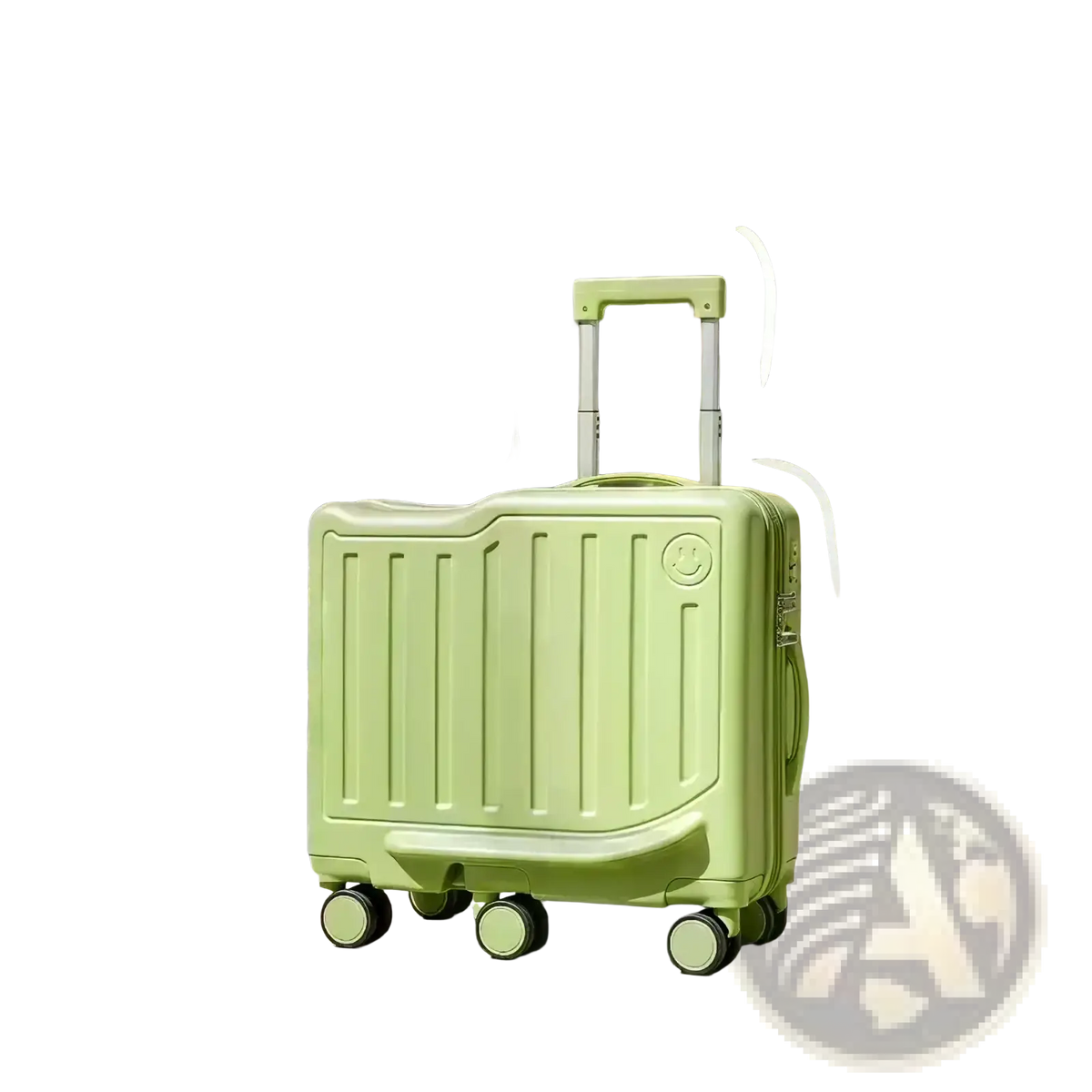 Light green hard-shell kids ride on luggage with smiling face emblem and four spinner wheels for easy carry on use