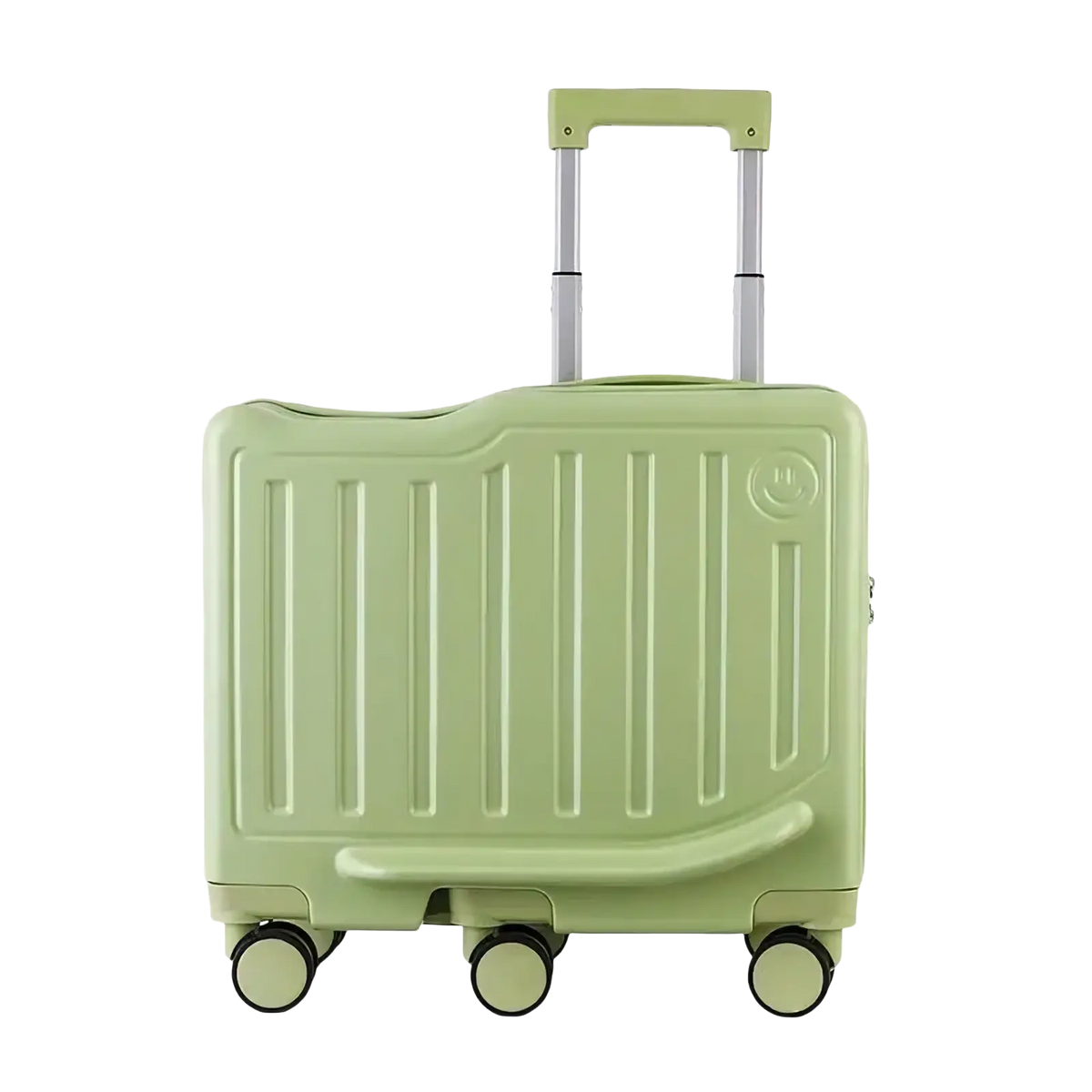 Kids ride on luggage yellow carry on suitcase with matcha moss hard-shell vertical ribbed texture and smiling face emblem